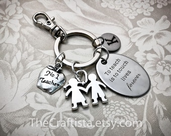 Personalized Teacher Keychain w/ Initial, TKS, Gift for Teachers, Gift for Male Teachers, Apple Charm, Kids Charm, Teacher Appreciation Gift