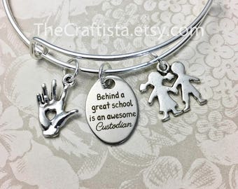 CUS, Custodian Bangle, School Custodian Gift, Custodian Jewelry, Custodian Charm, Kids Charm, Custodian Gifts, School Staff, Custodian Gift