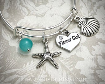 FBCH, Beach Themed Flower girl Bracelet, Beach Wedding, Flower girl Gift, Flower girl bangle, Flower girl Jewelry, Starfish charm, Beach