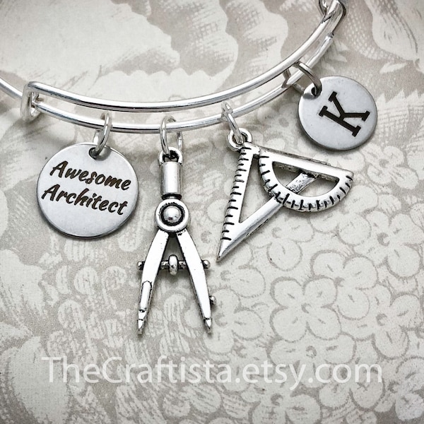 ARC, Architect Personalized Bracelet, Architect Bangle, Architect Charm, Gifts for Architects, Pencil Compass Charm, Triangle Ruler Charm