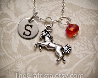 Collar de caballo personalizado con encanto inicial y piedra de nacimiento, collar de caballo, amuleto de caballo, colgante de caballo, encanto de mascota de caballo