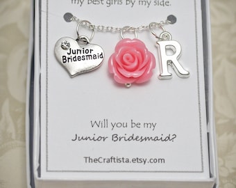 Personalized Junior Bridesmaid Necklace with Color Motif and Initial - J1 - Vintage Inspired Junior Bridesmaid Necklace, Jr Bridesmaid Gift