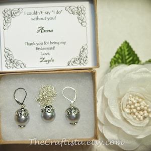 Gray Glass Pearl Earrings and Necklace Set, Gray Earrings, Personalized Card, Gray Necklace, Bridesmaid Set, Gray Pearls, Bridesmaid Gifts