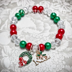 Pulsera de Navidad, Pulsera de Corona de Navidad, Pulsera Noel, Pulsera de Navidad Elástica, Joyería de Navidad, Pulsera de Perlas Verdes y Rojas