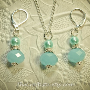 Aqua Blue Bridesmaid Earrings and Necklace Set -- Chalcedony-Blue Crystal Earrings and Necklace Set -- Bridesmaid Set -- Bridesmaid Gift