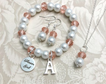 Personalized Flower Girl Jewelry with Initial -CPS- Flower Girl Necklace, Flower Girl Set, Pink, Choose Your Color, Flower Girl Earring