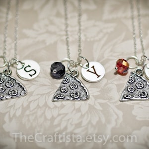 Pizza Slice Necklace, Personalized Friendship Necklace with Birthstone and Initial, Pizza Friends Forever, Pizza Slice Charm, BFF Necklace