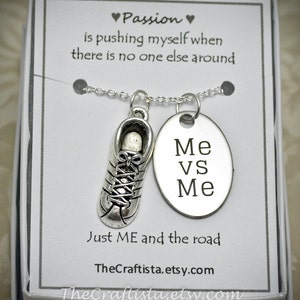 Puede incluir: Collar de plata con un dije de zapato y un colgante que dice "Me vs Me". El collar viene en una pequeña caja blanca con el texto "Passion is pushing myself when there is no one else around. Just ME and the road. TheCraftista.etsy.com".