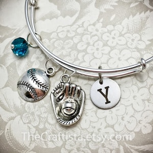 SBB, Softball Bangle, Personalized Softball Bangle w/ Birthstone & Initial, Softball Charm, Softball  Bracelet, Glove Charm, Glove Bangle