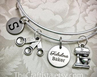 BFB, Personalized Baker Bracelet, Fabulous Baker Bangle, Baker Charm, Baker Gift, Gifts for Baker, Mixer Charm, Measuring Spoon Charms