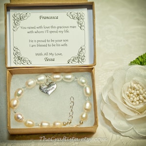 Vintage Pearls Mother of the Groom Bracelet - P - Vintage Gift Card -- Mother of the Groom Heart Charm -- Authentic Freshwater Pearls