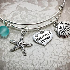 MTCH, Beach Themed Matron of Honor Bangle with Glass Bead, Beach Wedding, Matron of Honor Gift, Matron of Honor Bracelet, Beach Jewelry