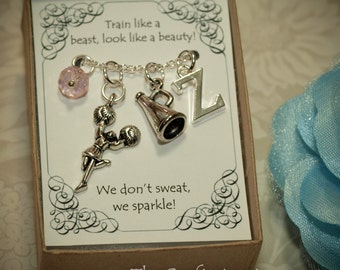 Personalized Cheerleader Necklace w/ Birthstone and Initial - C03 - Cheer Necklace, Cheer Charms, Squad Gifts. Squad Necklace, Cheerleaders
