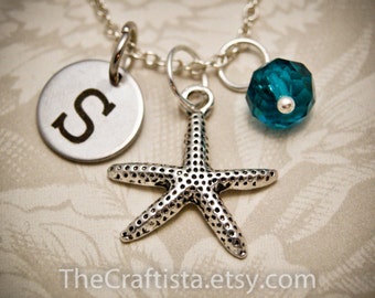 Personalized Starfish Necklace with Initial and Birthstone, Starfish Necklace, Starfish Charm, Starfish Jewelry, Beach Wedding, Flower Girl