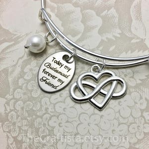 TBF, Personalized Bridesmaid Bangle with Infinity Heart Charm and Pearl Charm, Bridesmaid Gift, Bridesmaid Bracelet, Bridesmaid Jewelry