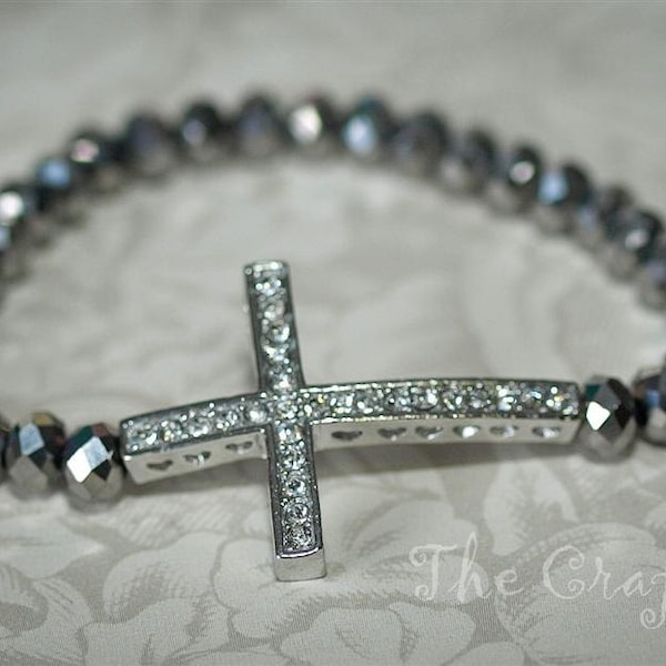 Sideways Cross Bracelet, Stackable Bracelet, Faith Bracelet, Beaded Stretch Bracelets, Elastic Layering, Friendship Bracelet, Cross Bracelet