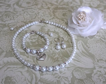 Flower Girl Pearl Set, Junior Bridesmaid Pearl Set, Flower Girl Necklace, Bracelet and Earrings, White or Ivory Pearls, Rhinestone Rondelle