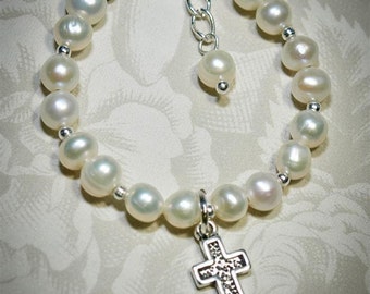 Baptism Baby Bracelet  - Authentic Freshwater Pearls and Mini Cross - Christening / Baptism, Dedication, First Communion - infant, toddler