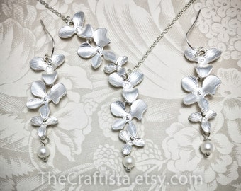 Orchids Bridesmaid Necklace and Earrings - OBR - Pearls and Orchids Necklace and Bracelet, Cascade Necklace, Bridesmaid Gift, Bridesmaid Set