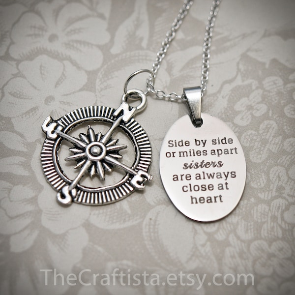 Sister Necklace - S12 - Sister Gift, Sisters Necklace, Side by side sisters, Sister Christmas Gift, Big Sister, Little Sister, Compass Charm