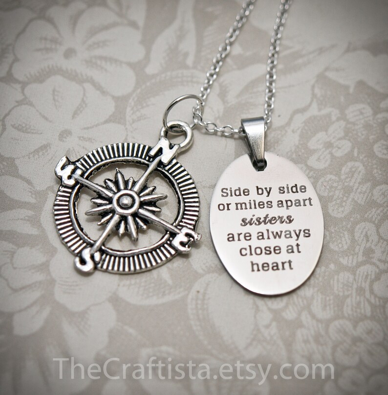 Sister Necklace - S12 - Sister Gift, Sisters Necklace, Side by side sisters, Sister Christmas Gift, Big Sister, Little Sister, Compass Charm 