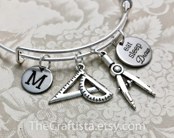 ENGR, Civil Engineer Personalisiertes Armband, Ingenieur Armreif, Ingenieur Charm, Geschenke für Ingenieur, Bleistift Kompass Charm, Dreieck Lineal Charm