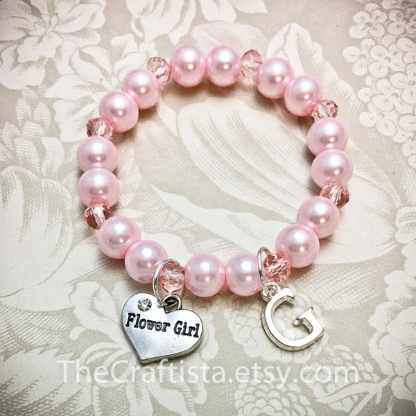 Personalized Pink Flower Girl Bracelet w/ Initial -PCP- Pink Flowergirl Bracelet, Pink Pearl Bracelet, Initial Bracelet, Flowergirl Gift