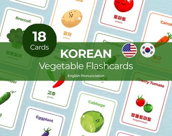 Korean English Vegetable Flashcards, Bilingual Hangul Learning Cards (PDF Download)