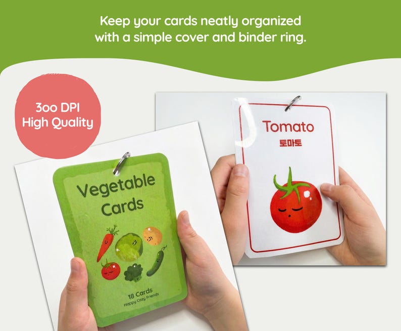 Lifestyle preview of Korean-English vegetable flashcards organized with a cover page and binder ring, showing hands holding the card set and a laminated tomato flashcard, with 300 DPI high quality text.