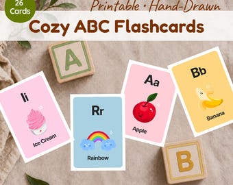Alphabet Karteikarten Englisch, handgezeichnete ABC Karten, Montessori Vorschullernen, druckbares PDF-Bundle