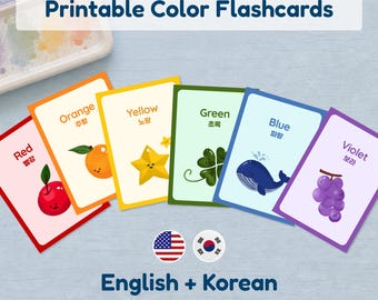 Bilingual Korean English Color Flashcards, Hangul Learning Cards, Printable PDF