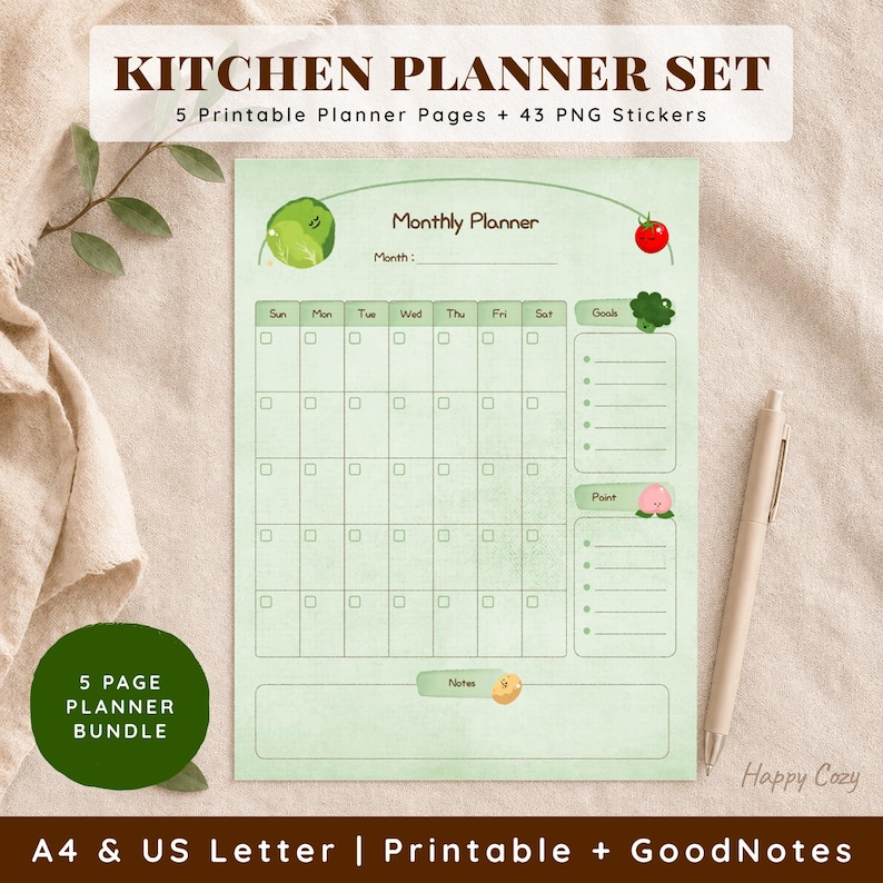 A light green kitchen planner set with a monthly layout, featuring illustrations of vegetables. The planner includes space for goals and notes, with the text "Kitchen Planner Set" at the top. A pen rests beside the planner.