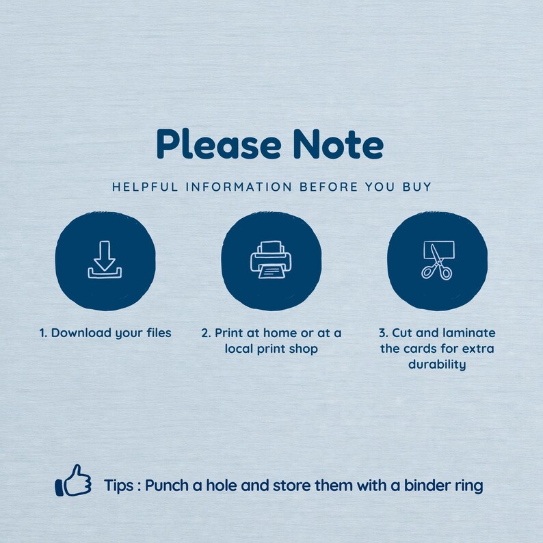 An information slide titled 'Please Note' with three icons: 1. Download your files, 2. Print at home or at a shop, 3. Cut and laminate. At the bottom, there is a tip to punch a hole and store cards with a binder ring.