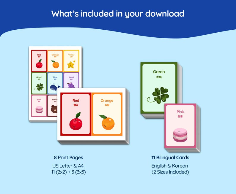 May include: Educational flashcards with colorful illustrations of fruits, animals, and objects. The cards are in English and Korean, with 8 print pages and 11 bilingual cards. The cards are available in US Letter and A4 sizes.