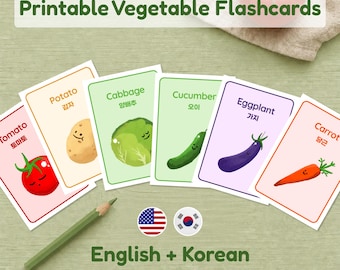 Bilingual Korean English Vegetable Flashcards, Hangul Learning Cards, Digital Download