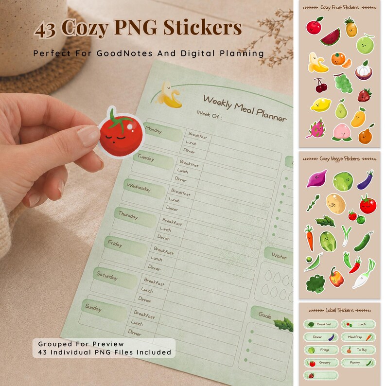 A digital planner with a weekly meal layout, featuring a hand holding a tomato sticker. The image includes fruit, vegetable, and label stickers. Text reads "43 Cozy PNG Stickers" and "Perfect For GoodNotes And Digital Planning."