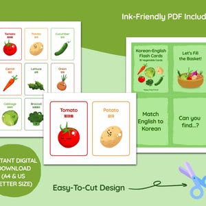 Promotional preview of Korean-English vegetable flashcards printable showing a full card sheet, cut-out card examples, and activity pages on a green background, with text highlighting ink-friendly PDF, instant digital download in A4 and US Letter size, and easy-to-cut design.