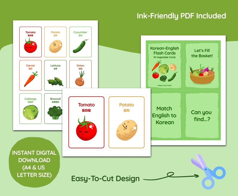 Promotional preview of Korean-English vegetable flashcards printable showing a full card sheet, cut-out card examples, and activity pages on a green background, with text highlighting ink-friendly PDF, instant digital download in A4 and US Letter size, and easy-to-cut design.