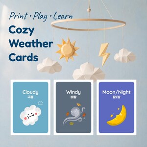 Product cover image titled 'Cozy Weather Cards - Print, Play, Learn'. It features a nursery mobile with sun and cloud decorations above three cards: Cloudy, Windy, and Moon/Night.