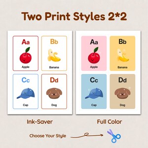A comparison image showing 'Two Print Styles' for the 2x2 alphabet flashcard layout. It features two versions side-by-side: 'Ink-Saver' with white backgrounds and 'Full Color' with soft pastel backgrounds. Each page includes four cards: Aa for Apple, Bb for Banana, Cc for Cap, and Dd for Dog with cute hand-drawn illustrations. A 'Choose Your Style' call-to-action with a scissors icon is at the bottom.