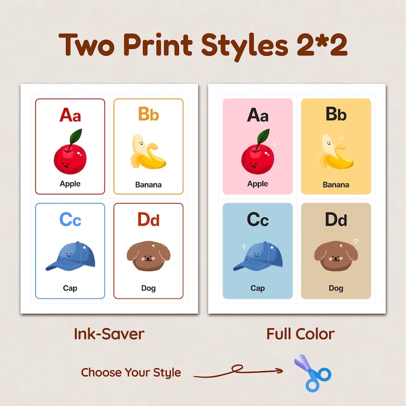 A comparison image showing 'Two Print Styles' for the 2x2 alphabet flashcard layout. It features two versions side-by-side: 'Ink-Saver' with white backgrounds and 'Full Color' with soft pastel backgrounds. Each page includes four cards: Aa for Apple, Bb for Banana, Cc for Cap, and Dd for Dog with cute hand-drawn illustrations. A 'Choose Your Style' call-to-action with a scissors icon is at the bottom.