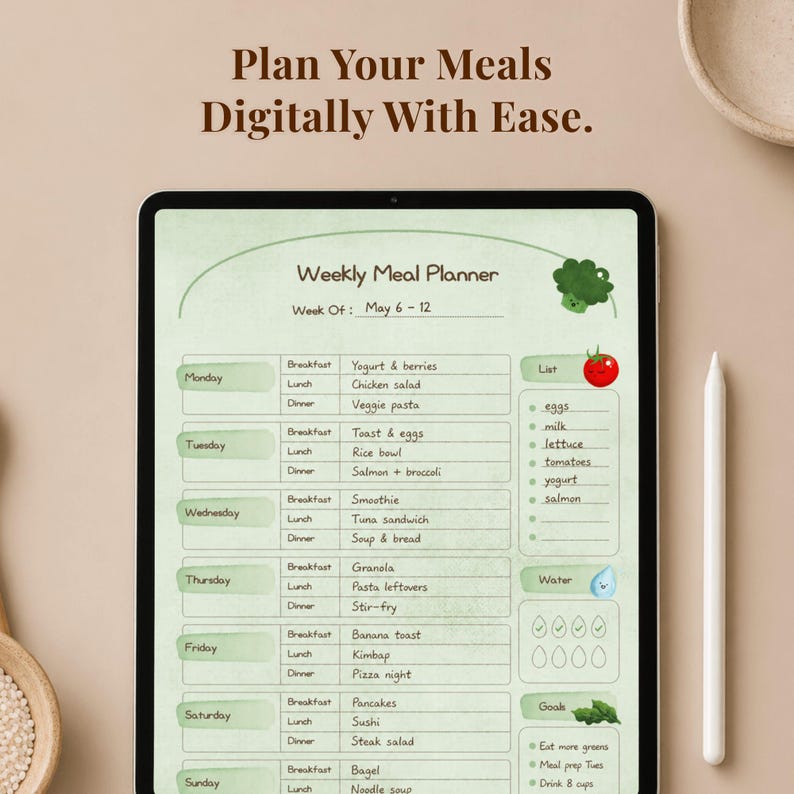 A digital weekly meal planner displayed on a tablet. The planner includes a list of meals for each day of the week, with sections for breakfast, lunch, and dinner. The text "Plan Your Meals Digitally With Ease" is at the top.