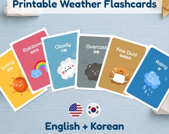 Bilingual Korean English Weather Flashcards, Hangul Learning Cards, Printable PDF