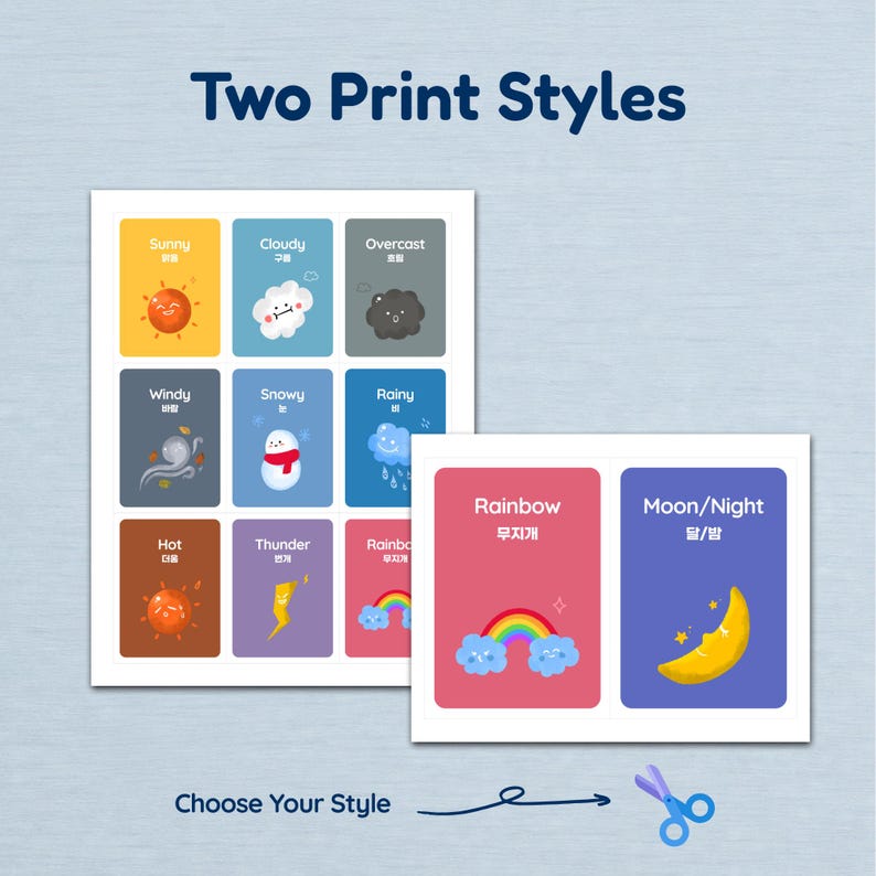 An image titled 'Two Print Styles' showcasing layout options for the 12 weather cards. It features a preview of the printable pages with a 'Choose Your Style' call-to-action and a scissors icon at the bottom.