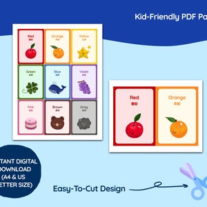 May include: A colorful educational PDF pack for kids, featuring cards with colors and matching illustrations. The cards include the colors red, orange, yellow, green, blue, violet, pink, brown, and gray. The text "Kid-Friendly PDF Pack" is visible.