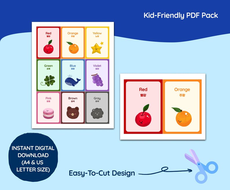 May include: A colorful educational PDF pack for kids, featuring cards with colors and matching illustrations. The cards include the colors red, orange, yellow, green, blue, violet, pink, brown, and gray. The text "Kid-Friendly PDF Pack" is visible.