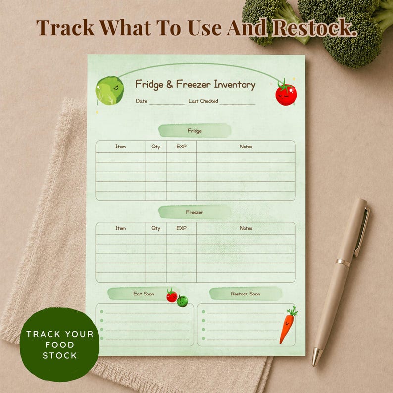 A light green fridge and freezer inventory notepad with the text "Track What To Use And Restock." The notepad has sections for fridge and freezer items, with space for quantity and expiration dates. A pen rests on the surface.