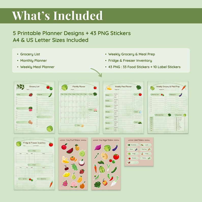 A digital planner set with five printable designs and 43 PNG stickers. Includes a grocery list, monthly and weekly planners, and a fridge inventory. Also includes food and label stickers. A4 and US letter sizes are included.