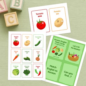 Promotional preview of Korean-English vegetable flashcards printable showing a full card sheet, cut-out card examples, and activity pages on a green background, with text highlighting ink-friendly PDF, instant digital download in A4 and US Letter size, and easy-to-cut design.