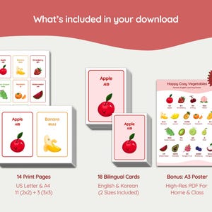 Educational printable set featuring fruit and vegetable flashcards and a poster. The cards are bilingual, with English and Korean text. The set includes 14 print pages in US Letter and A4 sizes, plus a bonus A3 poster.